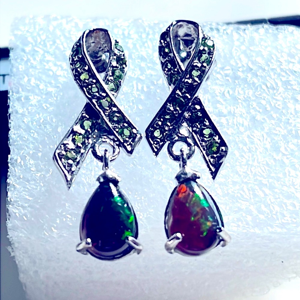 Black Opal Emerald 14KGP Ribbon Earrings - Picture 2 of 6
